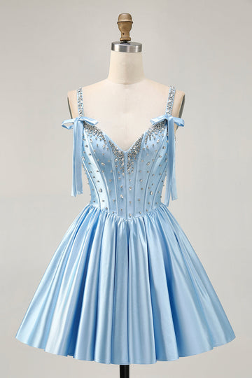 Satin Blue Corset A Line Homecoming Dress with Beading